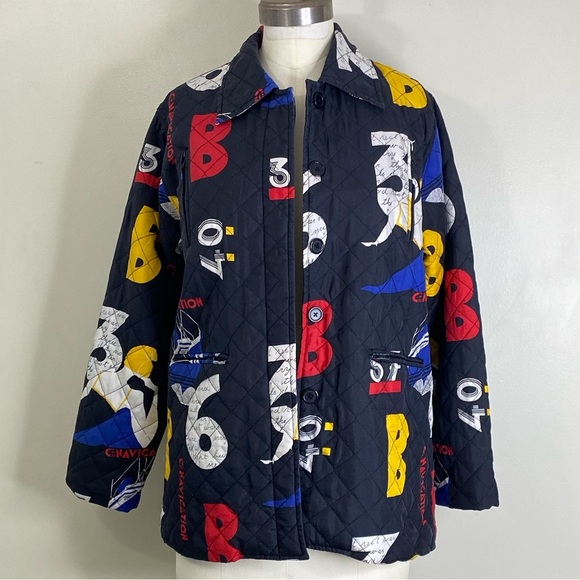 VINTAGE 100% SILK QUILTED PATTERNED NAUTICAL BUTTON UP JACKET WITH MATCHING SASH - Picture 5 of 17